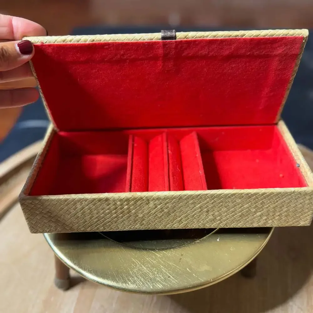 Vintage Woven Rattan Jewelry Box with Red Velvet Interior